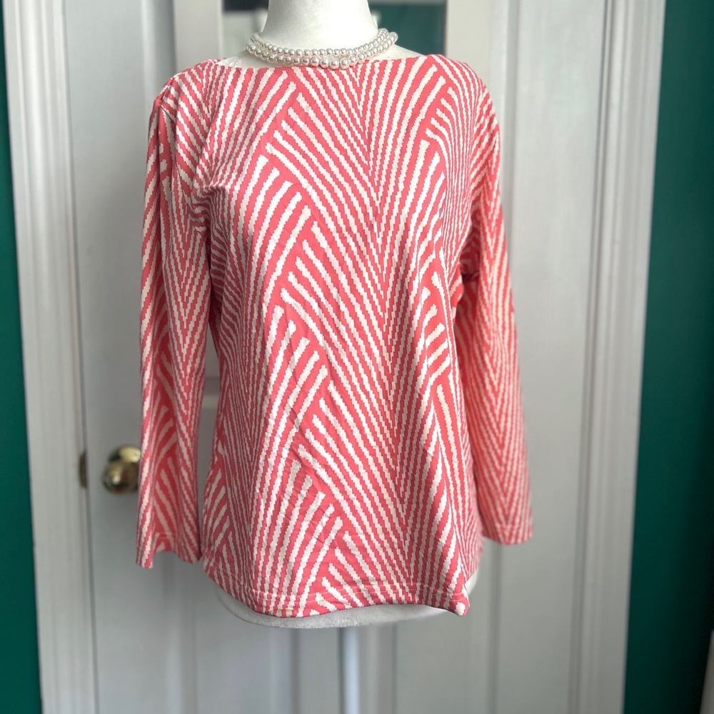 Elie Kai Coral/White Chevron Print Top Large